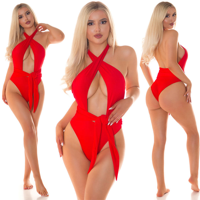 Costume da bagno con cintura da annodare rosso 0000B9682