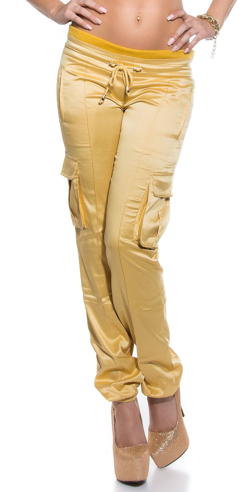 Pantaloni oro effetto raso con fascia elastica 0000H-18431