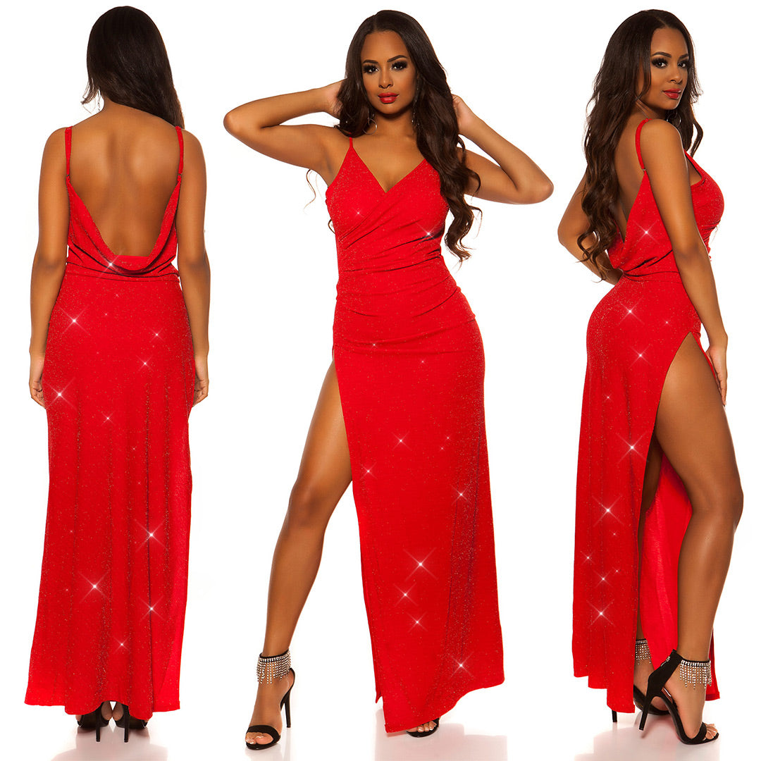Abito rosso con glitter e spacco 0000K20111E