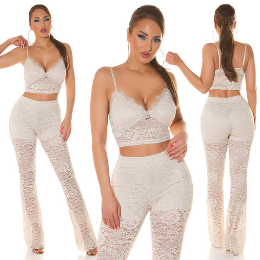 Completo top + pantaloni con pizzo beige 0000SET22329