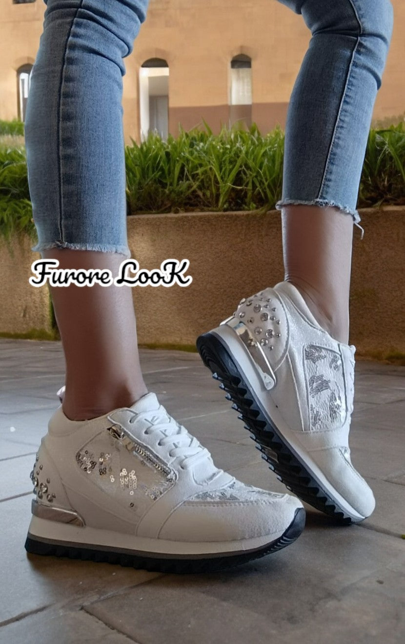 Sneakers bianche con pailettes suola 4 cm - codice G-123