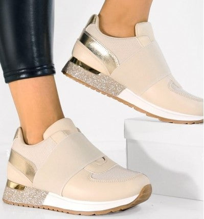 Sneakers beige con glitter suola 4 cm - J2179-2